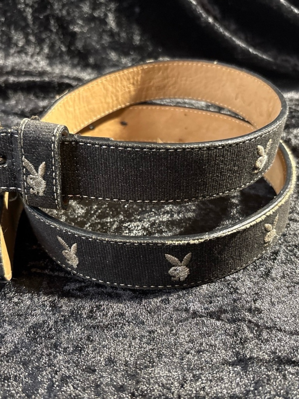 Playboy All-Over Bunny Logo Embroidered Denim Leather Belt M/38 Black Y2K